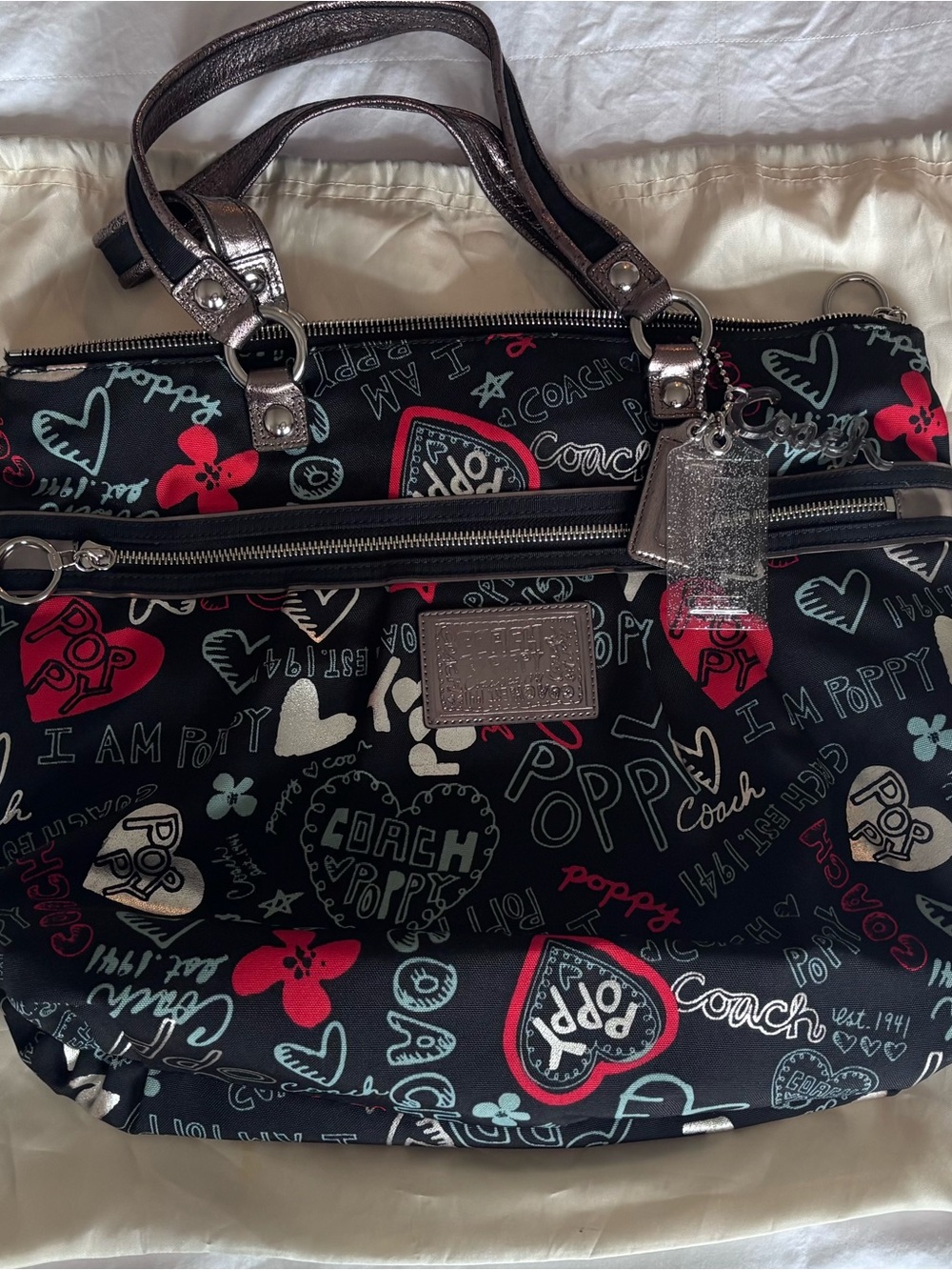 Coach Black Poppy Logo Tote with Silver Hardware